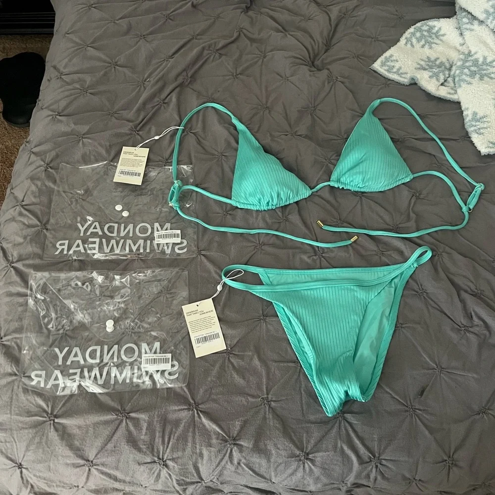 Monday Swimwear Ribbed Teal Triangle Bikini Set